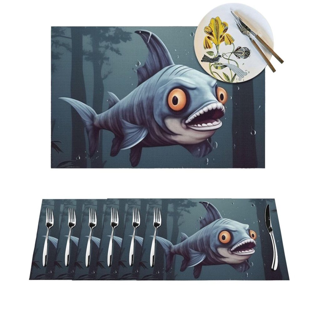 Placemats Heat Resistant Table Mats Funny Fish Design Print Place Pads Set Washable Non-Slip PVC Woven Place Mats for Home Kitchen Weddings Holiday Party Decor 18 X 12 in 6 PCS