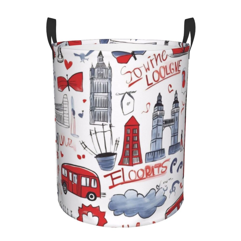 London Print Laundry Basket Collapsible Circular Laundry Hamper With Handles Dirty Clothes Storage Basket Oxford Cloth