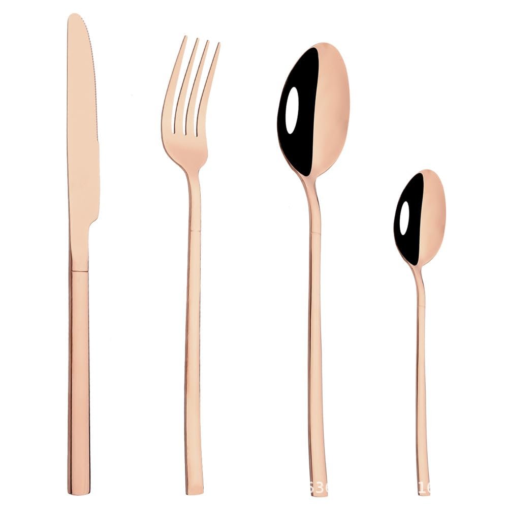 Silverware Flatware Set, 4/16/24/32/40/48 Pieces White Gold Stainless Steel Cutlery Square Handle Steak Knife, Fork And Spoon Set(Rose Gold,6Set-24Pcs)