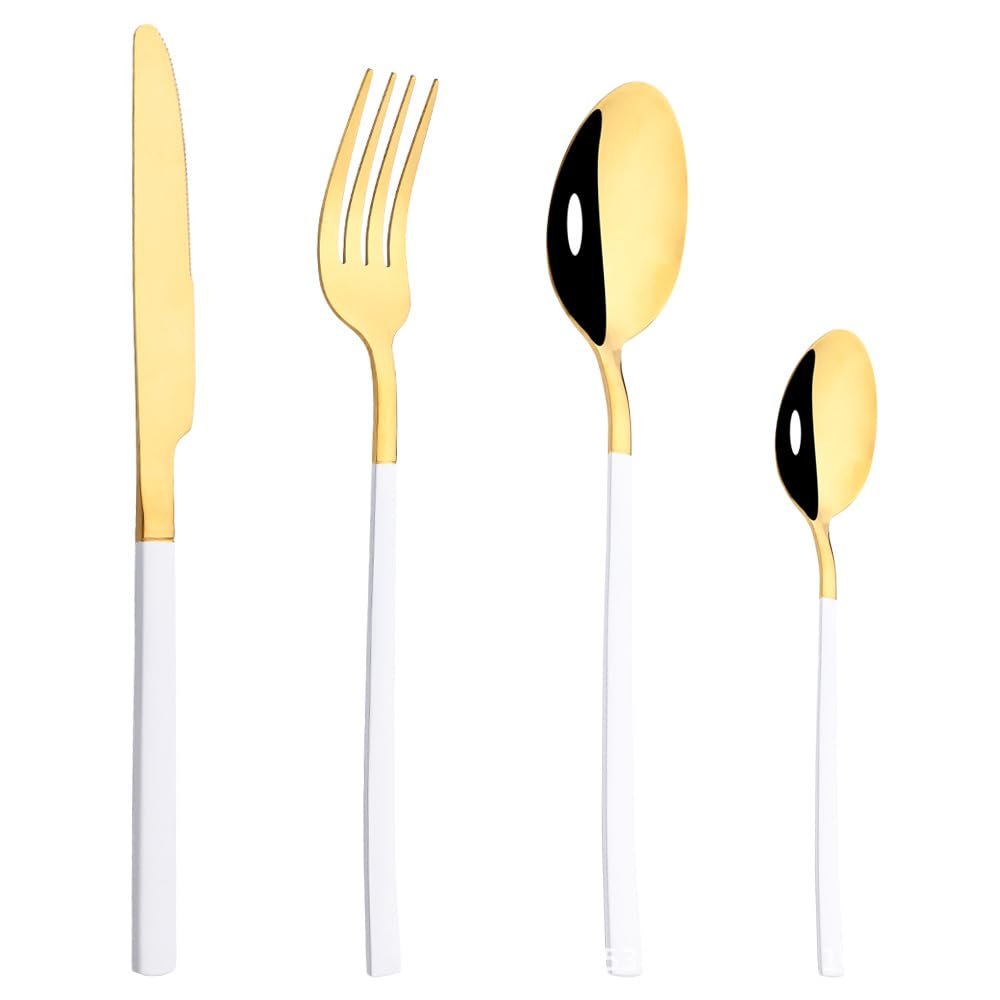 Silverware Flatware Set, 4/16/24/32/40/48 Pieces White Gold Stainless Steel Cutlery Square Handle Steak Knife, Fork And Spoon Set(White Gold,1Set-4Pcs)