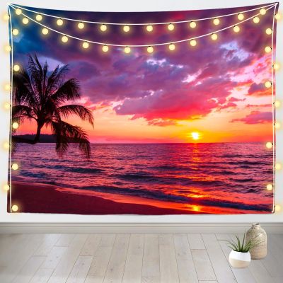 Loccor Beach Sunset Tapestry Hawaii Sandy Beach Palm Tree Ocean Waves Sunset Scenery Wall Hanging Tropical Summer Sunset Tapestry Home Wallpaper Bedroom Living Room Decor 80''x60''