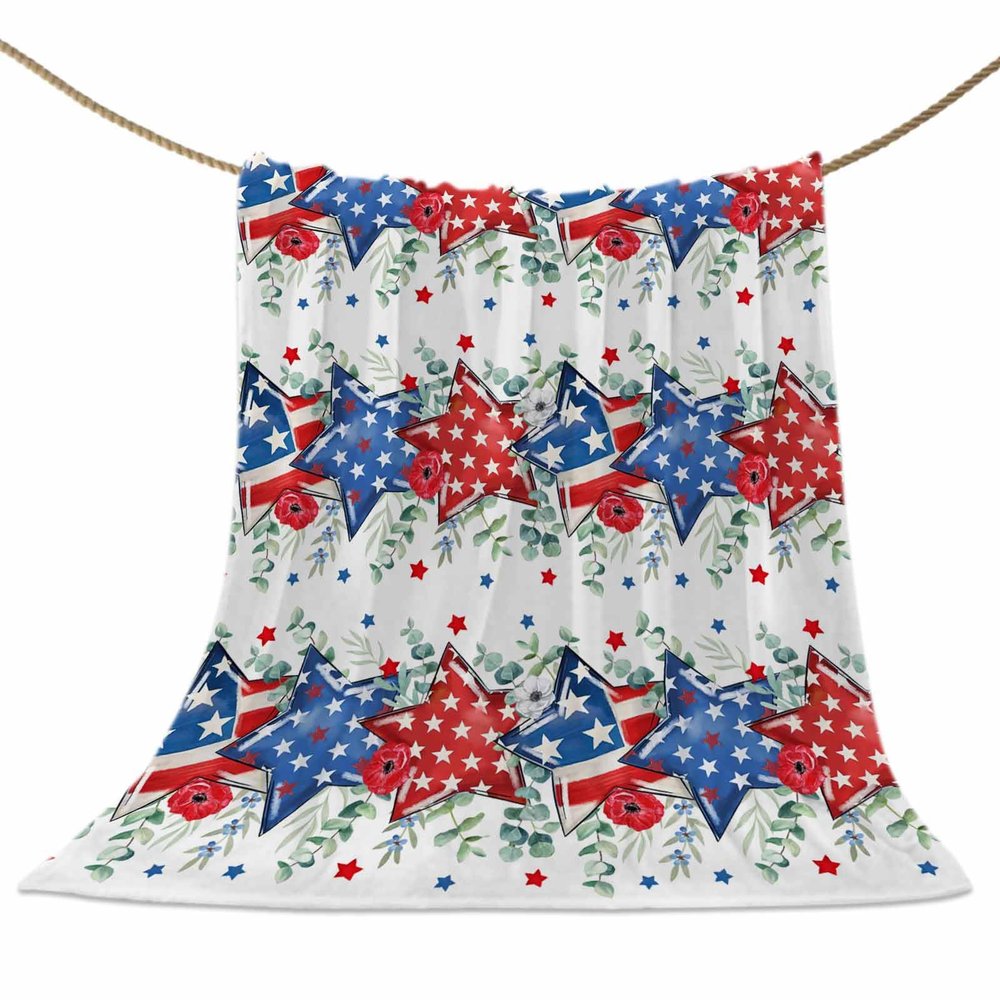 4th of July Throw Blankets, Patriotic Memorial Day Soft Fleece Blanket Decorative for Home Sofa Couch Chair Living Bedroom,50x60 inches, American Flag Stars Summer Poppy Eucalyptus