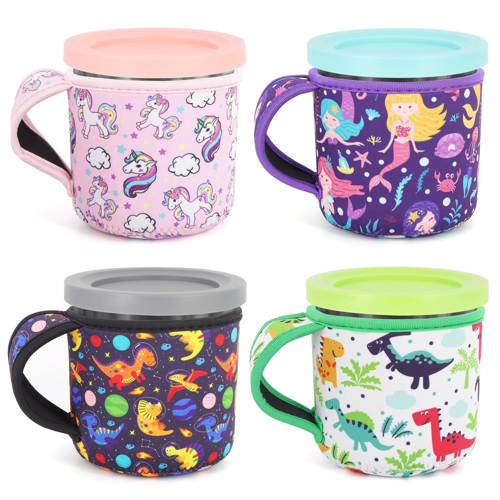 4Pack Reusable Ice Cream Sleeves with Handle, Neoprene Insulated Sleeves for Ninja Creami Pints, Talenti Ice Cream Pints, Frozen Desserts (Cartoon Print)