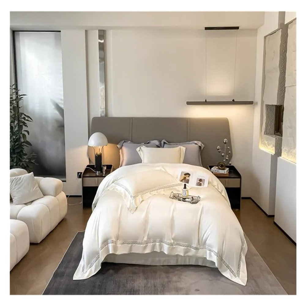 ADovz Champagne Hollow Edge Chic Duvet Cover Eucalyptus Lyocell Cooling Breathable Silky 4Pcs Bedding Set with Bed Sheet 2 Pillowcases,Bed Sheets