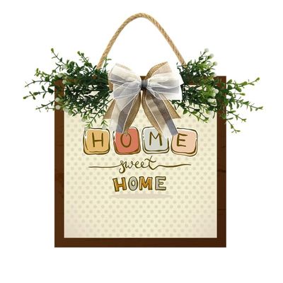 LERJIMUX Home Sweet Home Wreaths Decor Sign Front Door, Round Wood Hanging Sign with Ribbon Bow and Artificial Green Leaves, Farmhouse Porch Decorations for Home 10 Inch