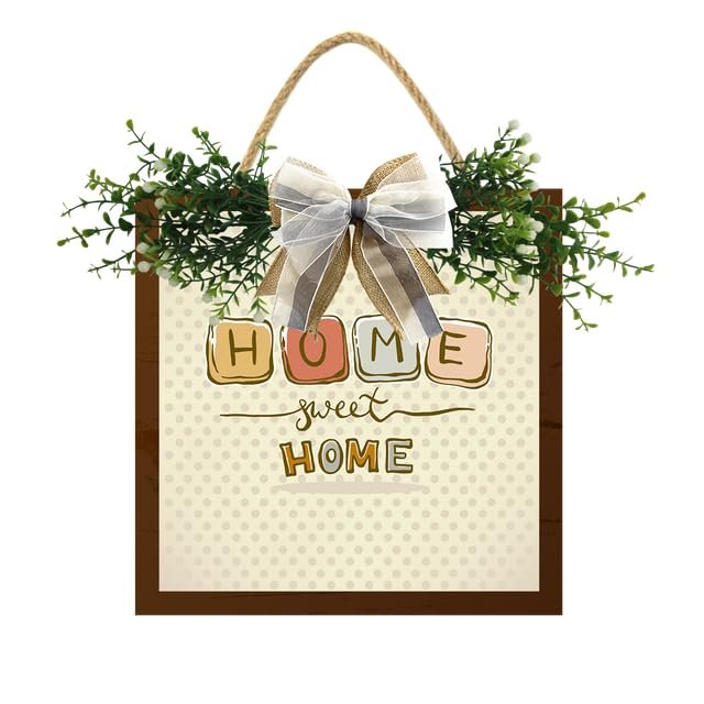 LERJIMUX Home Sweet Home Wreaths Decor Sign Front Door, Round Wood Hanging Sign with Ribbon Bow and Artificial Green Leaves, Farmhouse Porch Decorations for Home 10 Inch