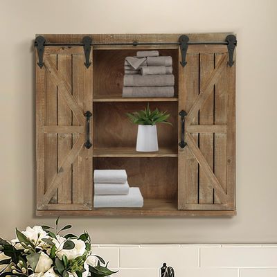 LuxenHome Farmhouse Wood Sliding 2-Door Wall Storage Cabinet Wood Mounted Wall Cabinet Accent Cabinet with 3 Shelves for Sideboard Buffet Cabinet,Living Room, Dining Room, Kitchen