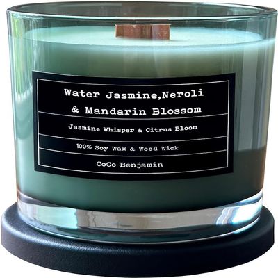 100% Soy, Highly Scented, Hand Poured Soy Candle (Water Jasmine,Neroli & Mandarin Blossom (Wooden Wick))