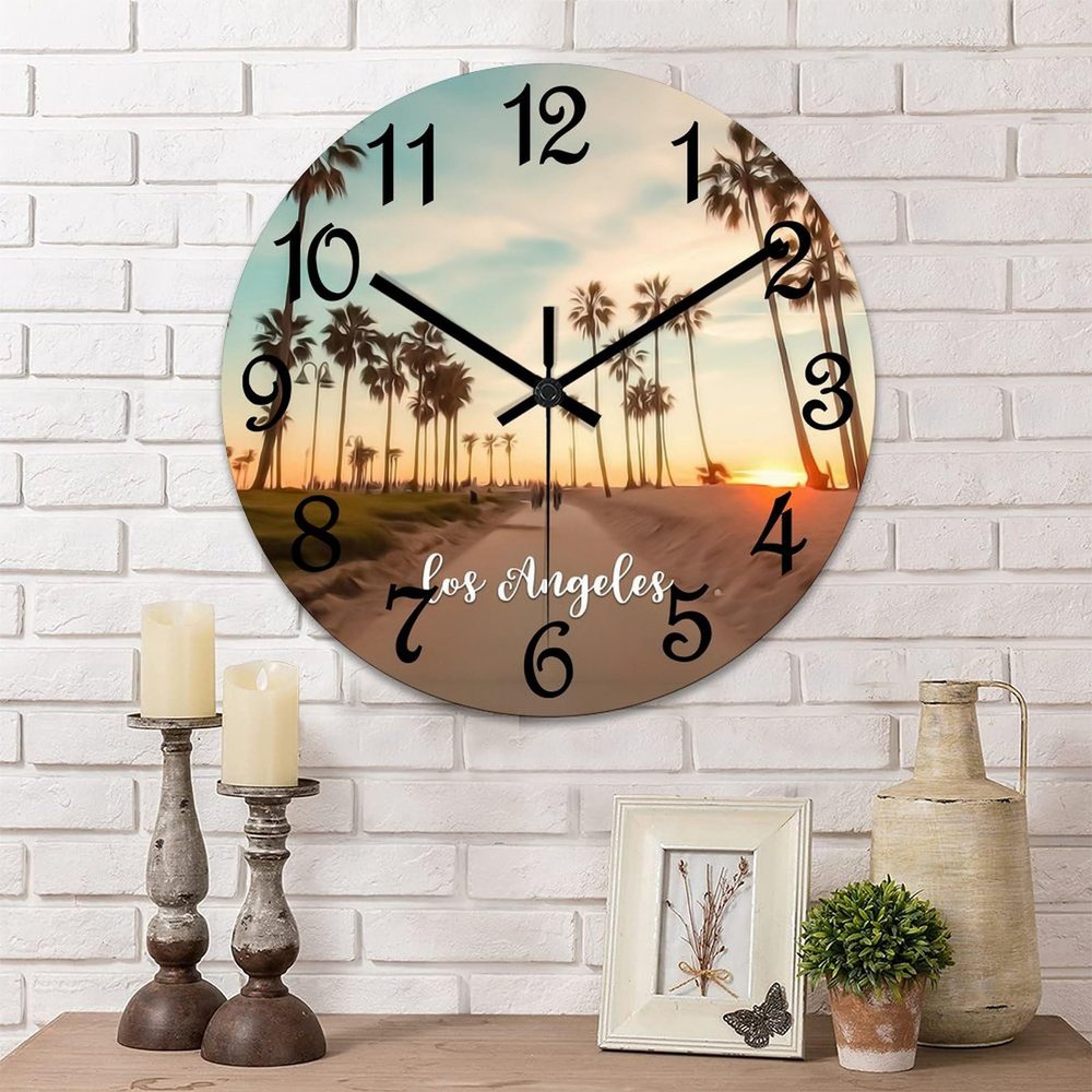 COCOKEN Los Angeles City Landscape Wall Clock Los Angeles Clock 12 Inch PVC Wall Clocks Battery Operated Non-Ticking Rustic Cabin Wall Home Decor for Farmhouse