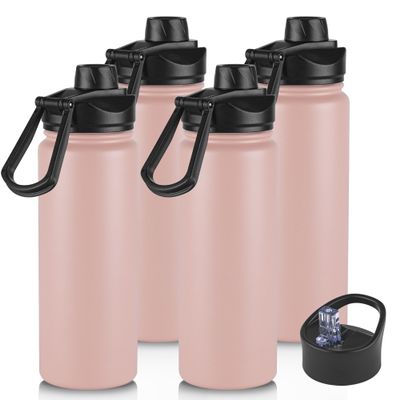 24oz Insulated Water Bottle with Straw Lid, Stainless Steel Metal Water Bottle with Straw & Wide Mouth Lid, Double Wall Vacuum Water Bottle for Hiking Camping, Pink 4 Pack