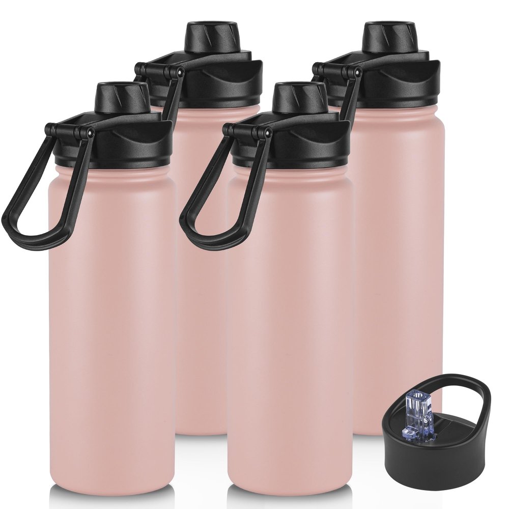 24oz Insulated Water Bottle with Straw Lid, Stainless Steel Metal Water Bottle with Straw & Wide Mouth Lid, Double Wall Vacuum Water Bottle for Hiking Camping, Pink 4 Pack
