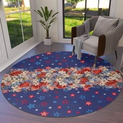 4th of July Round Area Rugs Collection 3.3', Non Slip Indoor Circular Throw Runner Rug Floor Mat Carpet for Living Room Dining Table Bedroom Nursery Decor Blue Red Star Flowers Botanical Rustic