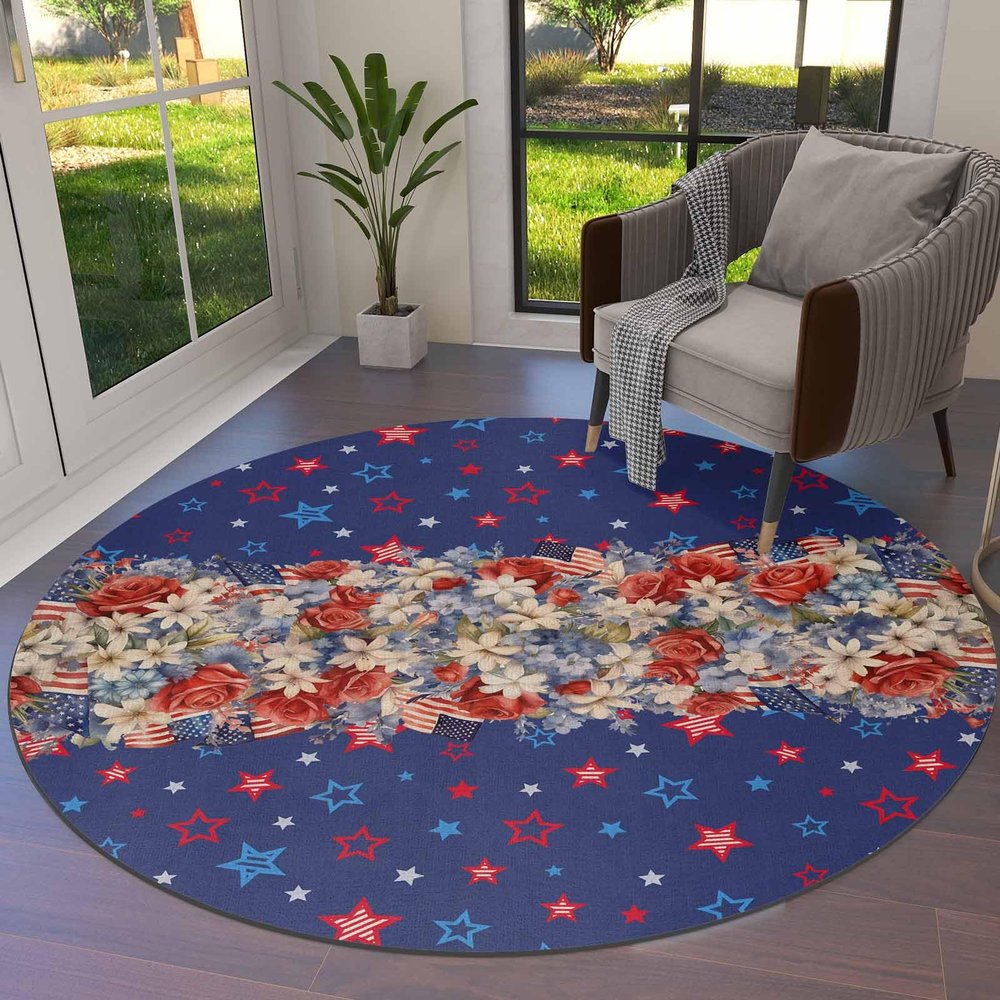 4th of July Round Area Rugs Collection 3.3', Non Slip Indoor Circular Throw Runner Rug Floor Mat Carpet for Living Room Dining Table Bedroom Nursery Decor Blue Red Star Flowers Botanical Rustic