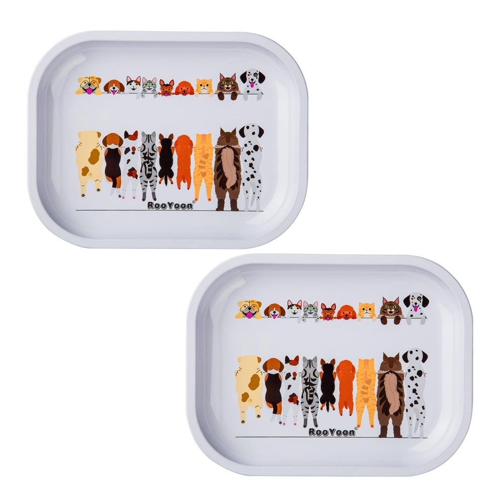 2Pcs Metal Decorative Tray Small Size-7"x5.5" Cute Cartoon Rolling Tray Combo, Premium Dainty Storage Tray, Serving Trays, Organizer Trays (2pcs-White)