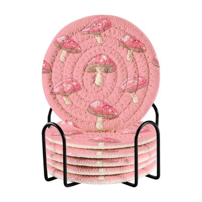 ALAZA Mushroom 6 Pcs Drink Coasters with Holder Absorbent Round Woven Coaster Set for Home Decor Bar Tabletop Cups