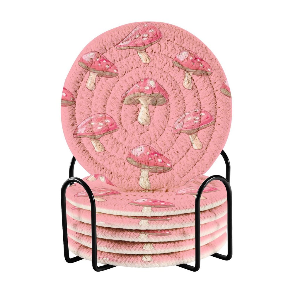 ALAZA Mushroom 6 Pcs Drink Coasters with Holder Absorbent Round Woven Coaster Set for Home Decor Bar Tabletop Cups