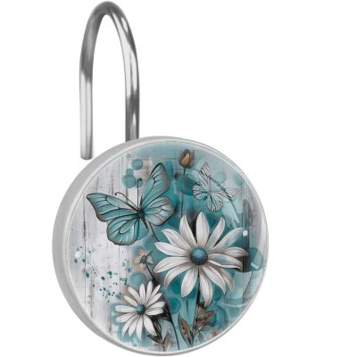 Daisy Butterflies on Rustic Plank Shower Curtain Hooks Set of 12, Decorative Shower Curtain Rings for Bathroom, Rust Resistant Shower Curtain Hangers Bathroom Decor Accessories