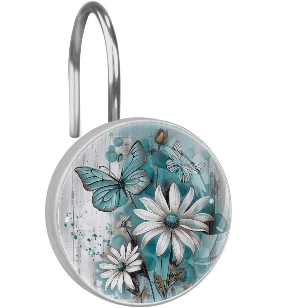 Daisy Butterflies on Rustic Plank Shower Curtain Hooks Set of 12, Decorative Shower Curtain Rings for Bathroom, Rust Resistant Shower Curtain Hangers Bathroom Decor Accessories