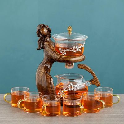 ZMQJEQANBG Semi Automatic Glass Teapot Set Drip Rotating Lazy Kungfu Tea Pot Set with Infuser Cover Bowl 6 Tea Cups Teapot (Color : Style5)