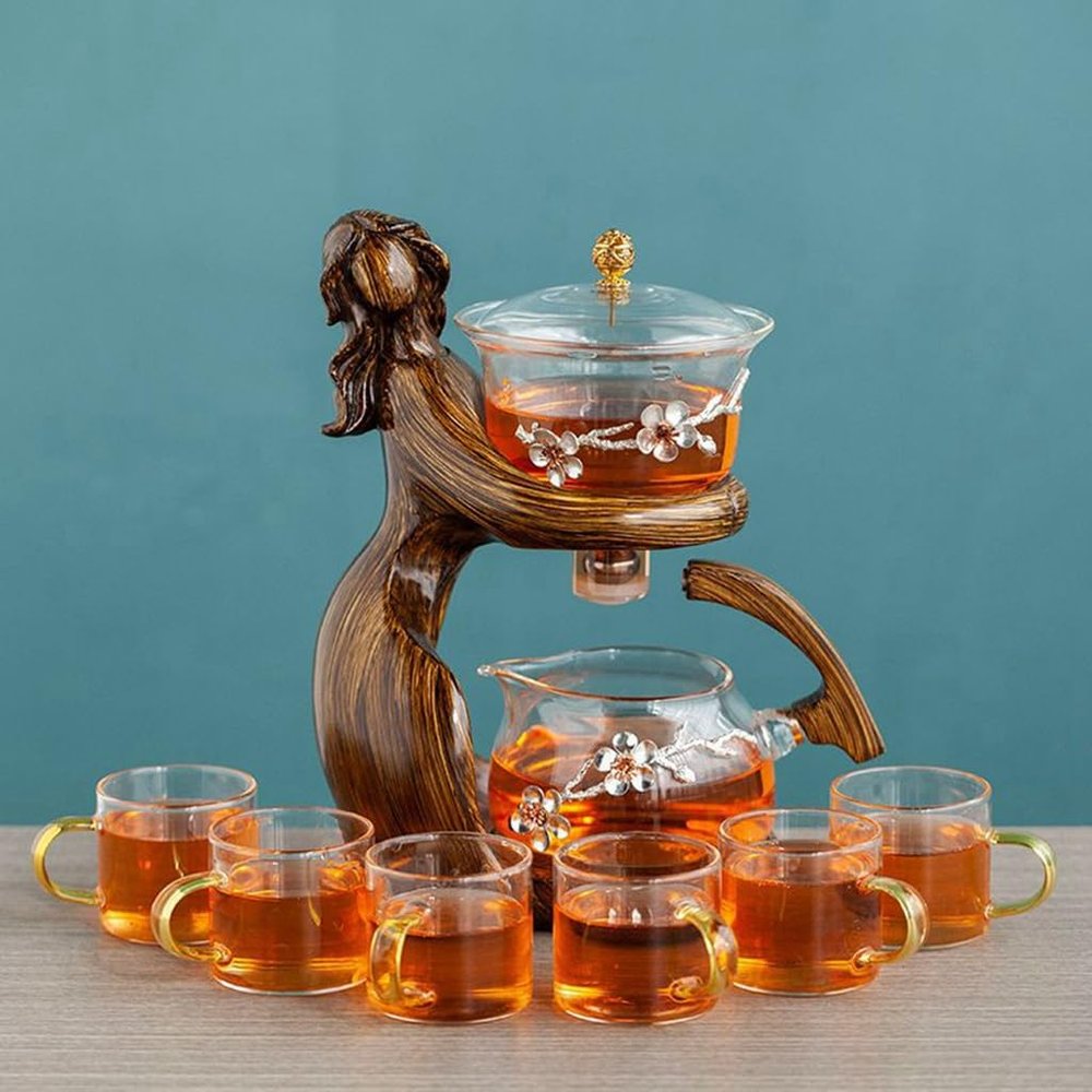 ZMQJEQANBG Semi Automatic Glass Teapot Set Drip Rotating Lazy Kungfu Tea Pot Set with Infuser Cover Bowl 6 Tea Cups Teapot (Color : Style5)