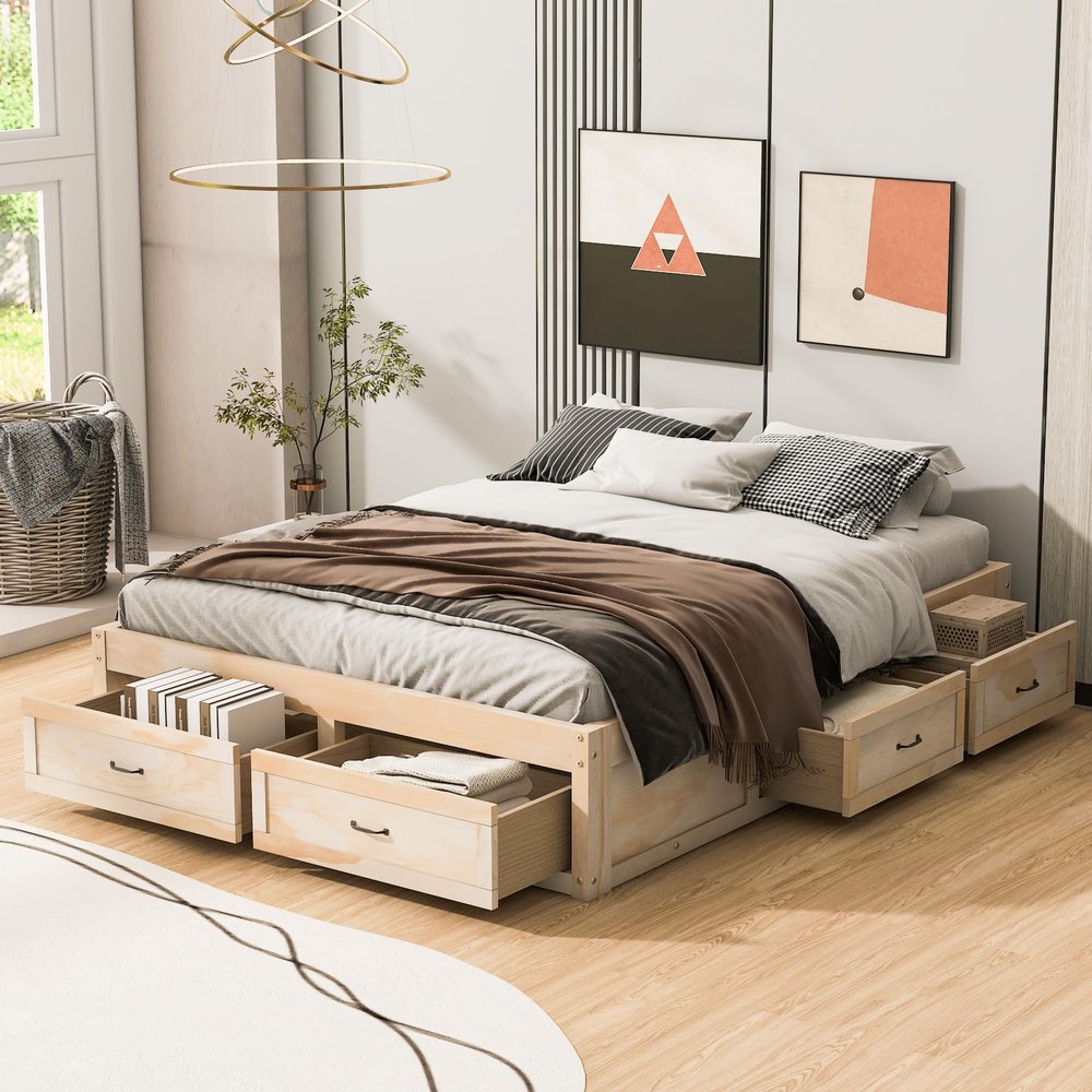 Queen Size Platform Bed with 6 Storage Drawers,for Kids Teens Adults Bedroom Use (Antique Natural@Drawers~, Queen)