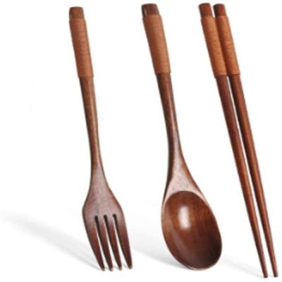 Wooden Tableware Fork Spoon Chopsticks 3-Piece Set Solid Wood Long Handle Spoon Chopsticks Portable Tableware (Color : C) (Color : C)