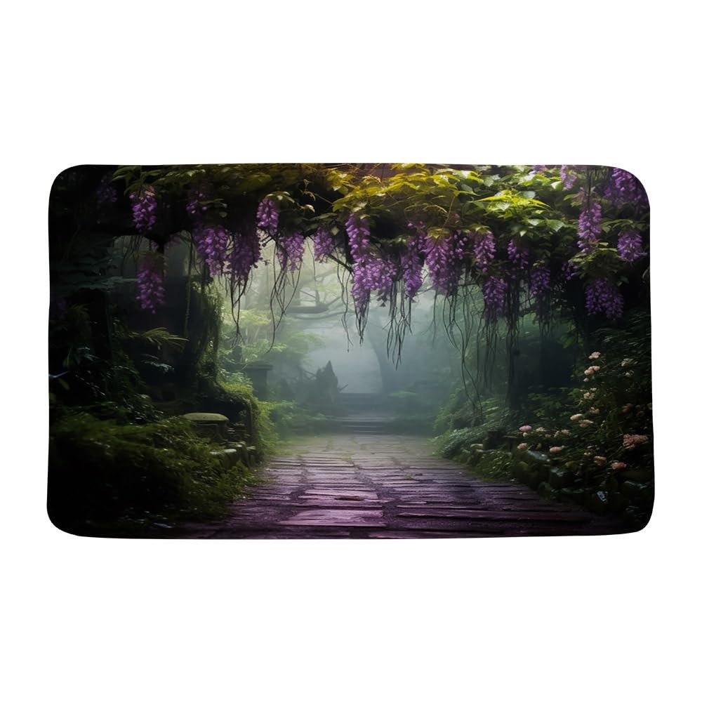 GIXKOXE Purple Floral Bath Mat Misty Forest Fantasy Spring Garden Nature Landscape Foggy Jungle Green Plants Bathroom Decor Rugs