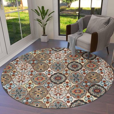 Abstract Flower Round Area Rugs Collection 3.3', Non Slip Indoor Circular Throw Runner Rug Floor Mat Carpet for Living Room Dining Table Bedroom Nursery Decor Oriental Bohemia Brown Geometric Leaves