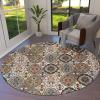 Abstract Flower Round Area Rugs Collection 3.3', Non Slip Indoor Circular Throw Runner Rug Floor Mat Carpet for Living Room Dining Table Bedroom Nursery Decor Oriental Bohemia Brown Geometric Leaves view 1