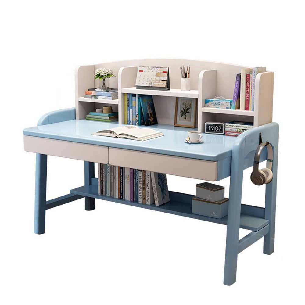 Solid Wood Desk Kids Desks with Drawers and Bookshelf, Height-Adjustable Desk Suit for All Ages, Learning Computer Workstation Writing Desk with Hooks, Study Home Office Desk ( Color : Blue without ch