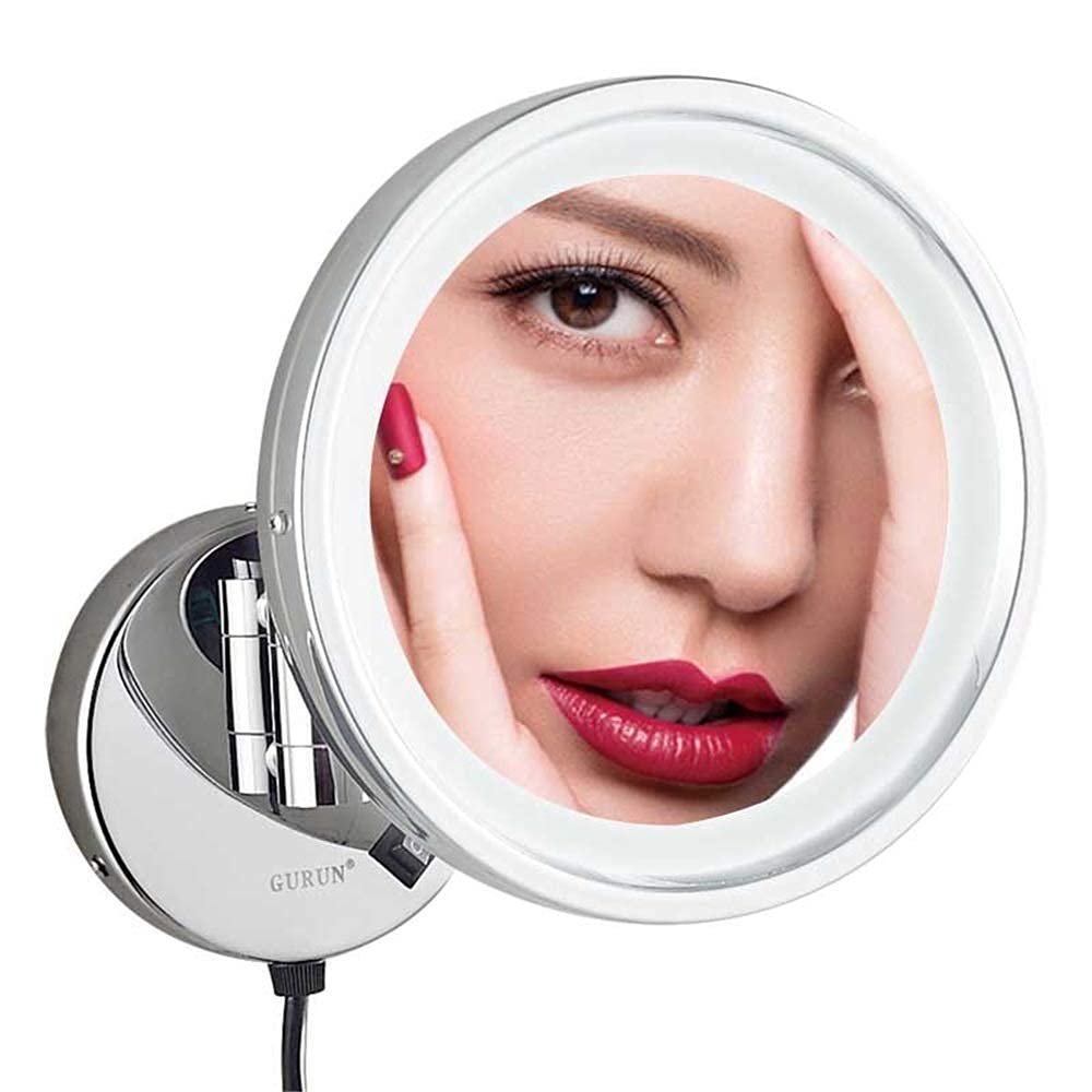 Wall Mounted Makeup Mirrors, 8. 5 Inch Chrome Illuminated Brass Folding Bathroom Vanity Mirrors Single Sided Magnification (Color : 10x) (5X)