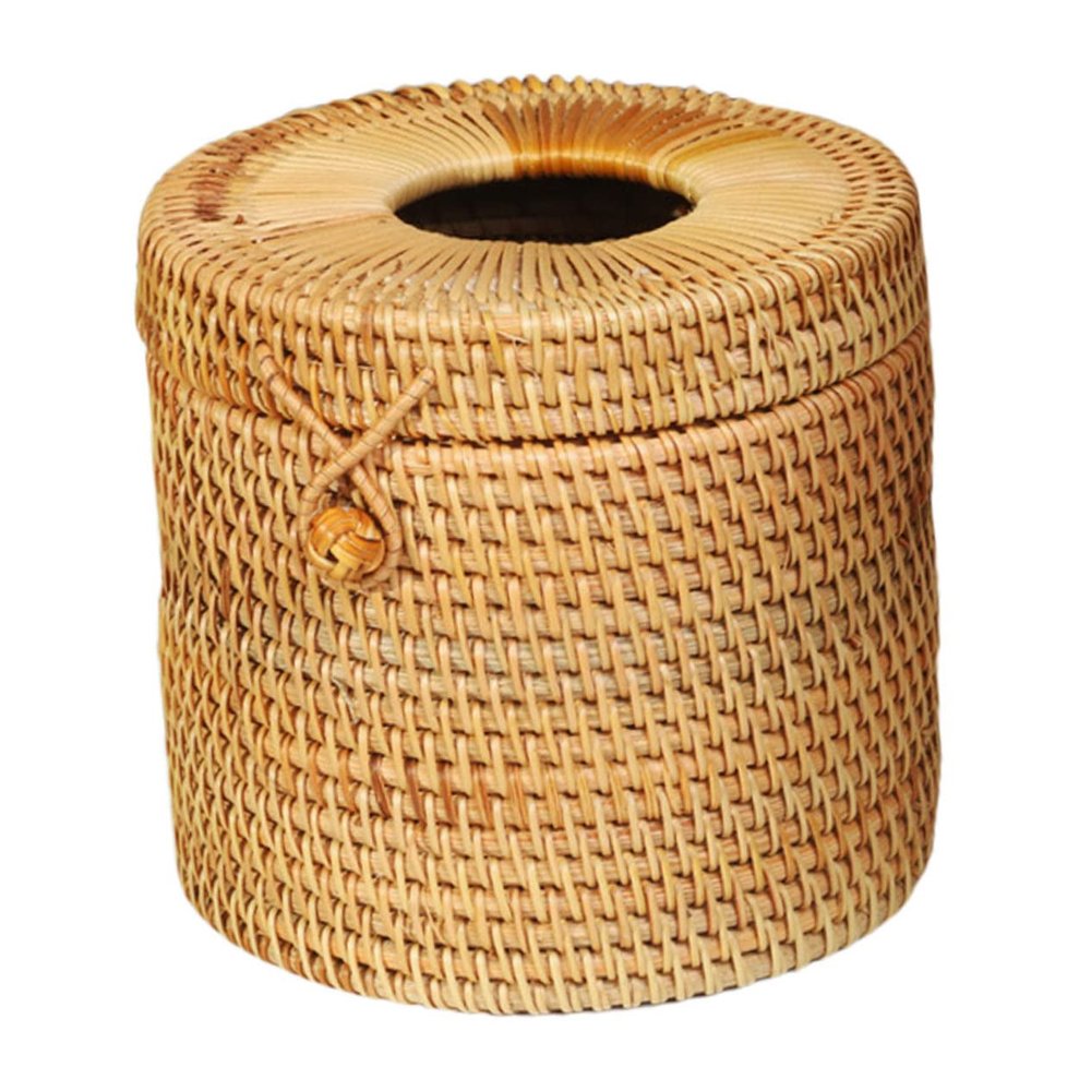 Amosfun Woven Tissue Box Modern Round Napkin Holder for Home Rustic Rattan Design Stylish Tissue Paper Storage Container for Living Room and Bedroom Decor