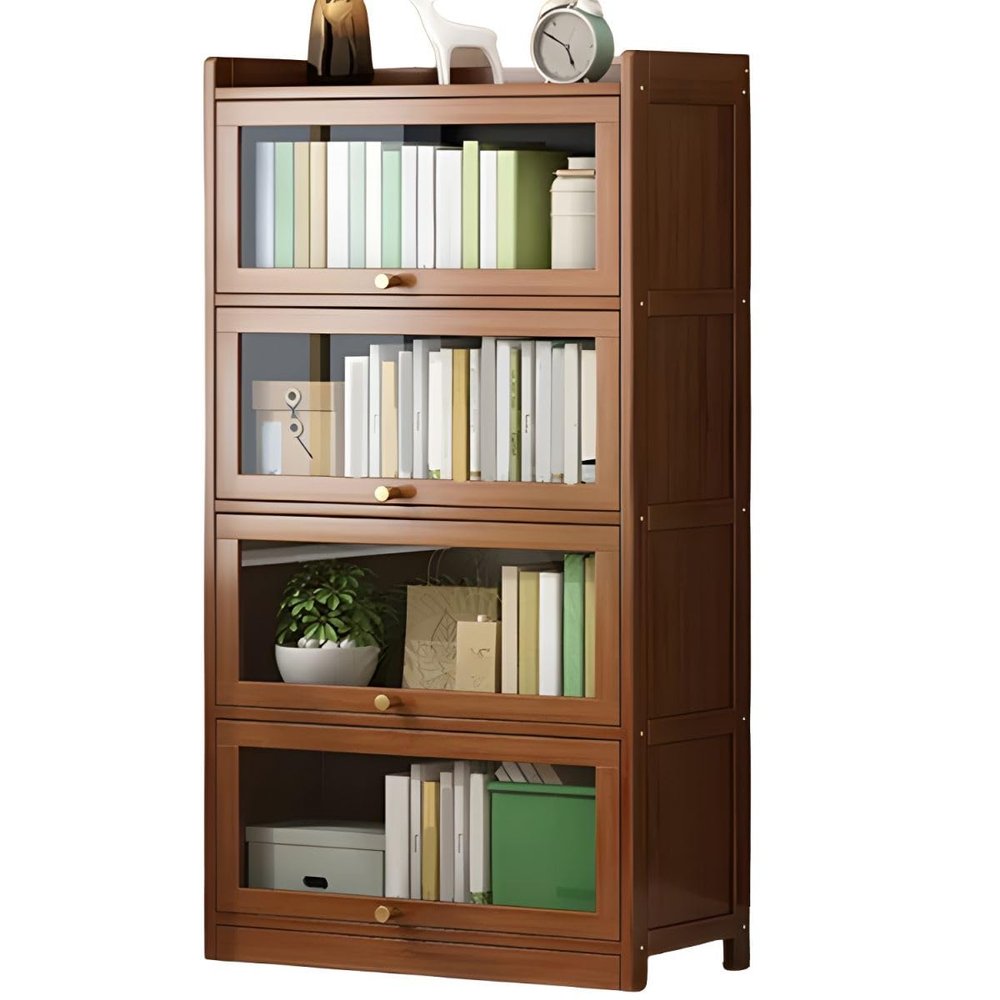 CraftThink Wooden Bookcase, 4 Tier Bookshelf Modern Rectangle Shelves with Closed Back and Cabinet for Bedroom Office Kitchen Living Room- Brown 23.5" L x 12" W x 55" H