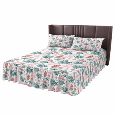 Beach Sea Coral Wrap Around Pleated Bed Skirts for Full Bed 54x75, Decorative Dust Ruffle Bed Sheet & Bedskirt 18'' Drop Bedspread with Pillow Case 20x30 Nautical Starfish Watercolor Green White
