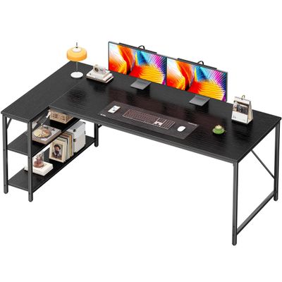 Huuger L Shaped Desk, 63 Inches Computer Desk with Reversible Storage Shelves, Gaming Corner Home Office Writing Study, Metal Frame, Black