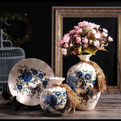 EliteBloom Ceramic White Bottles 3 Sets of Ceramic Vases, Chinese Vase Home Decoration, Modern Vase Set (Blue)