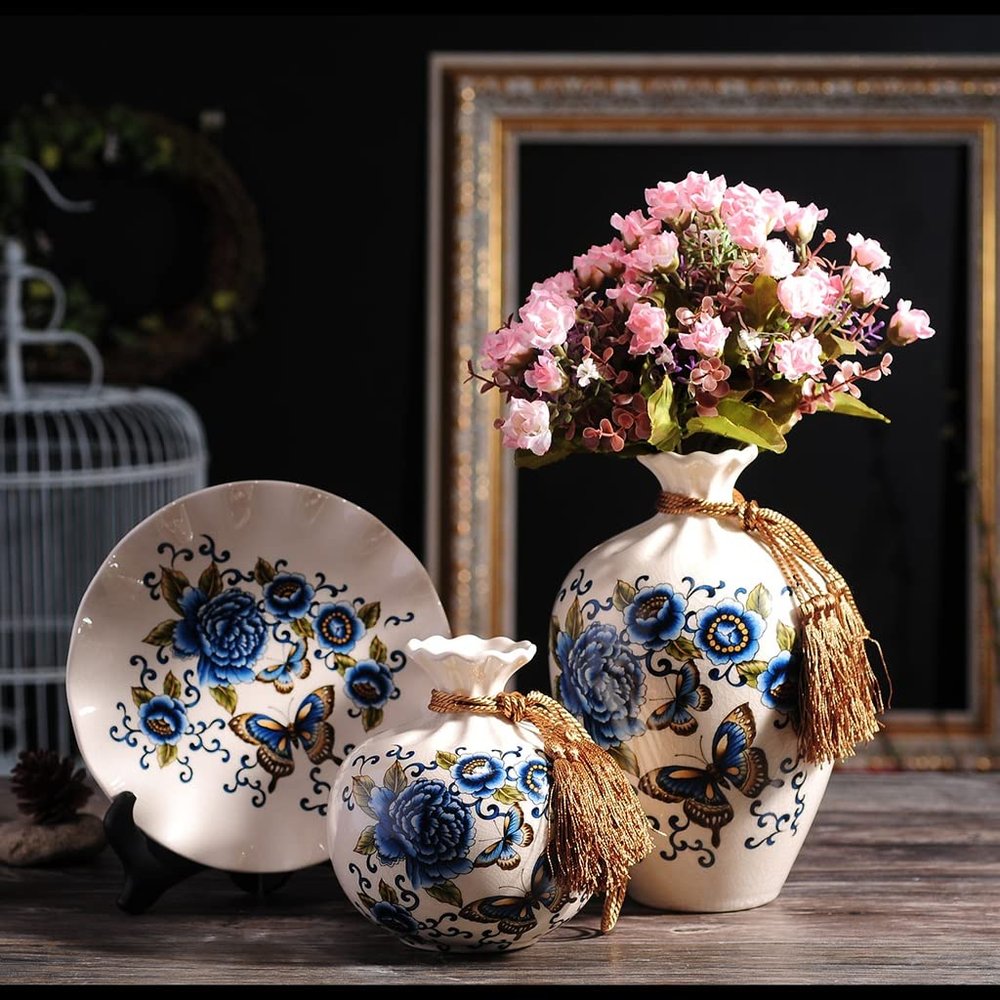 EliteBloom Ceramic White Bottles 3 Sets of Ceramic Vases, Chinese Vase Home Decoration, Modern Vase Set (Blue)