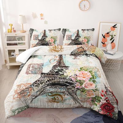 Nttopship Romantic Eiffel Tower Comforter Set Queen Size for Adults 3Pcs,Retro Style Eiffel and Flowers Bedding Set Soft Comfoter for All Season