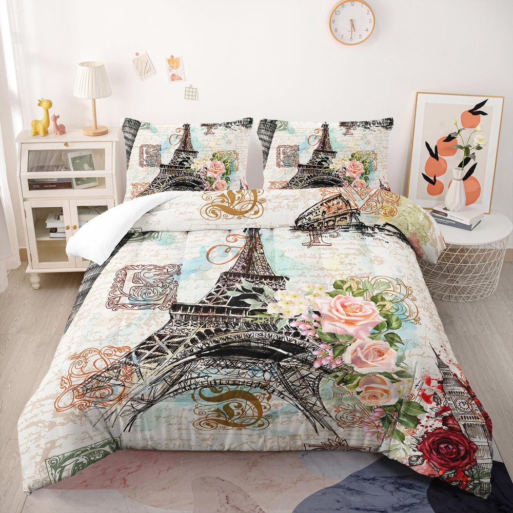 Nttopship Romantic Eiffel Tower Comforter Set Queen Size for Adults 3Pcs,Retro Style Eiffel and Flowers Bedding Set Soft Comfoter for All Season