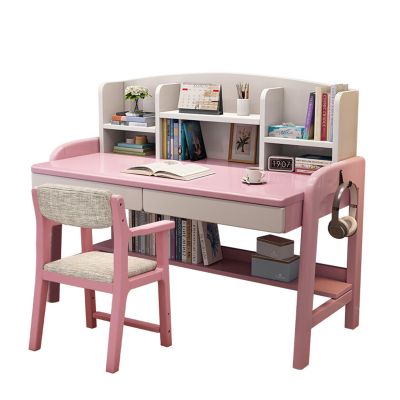 Solid Wood Desk Kids Desks with Drawers and Bookshelf, Height-Adjustable Desk Suit for All Ages, Learning Computer Workstation Writing Desk with Hooks, Study Home Office Desk ( Color : Pink with chair