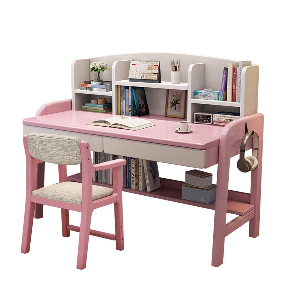 Solid Wood Desk Kids Desks with Drawers and Bookshelf, Height-Adjustable Desk Suit for All Ages, Learning Computer Workstation Writing Desk with Hooks, Study Home Office Desk ( Color : Pink with chair
