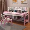 Solid Wood Desk Kids Desks with Drawers and Bookshelf, Height-Adjustable Desk Suit for All Ages, Learning Computer Workstation Writing Desk with Hooks, Study Home Office Desk ( Color : Pink with chair view 2
