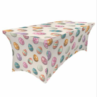 8ft Tablecloth for Rectangle Tables, Watercolor Easter Printed Color Eggs Stretch Table Cover Fitted Dining Table Cloth Decorative Table Protector for Holiday Party