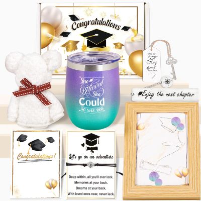 80UncleKimby Graduation Gifts for Her 2025 - Congrats Grad Gift Set Includes Compass Bracelet, Tumbler, Bookmark, Towel, Key Bottle Opener, Photo Frame, Card for Women (Purple)