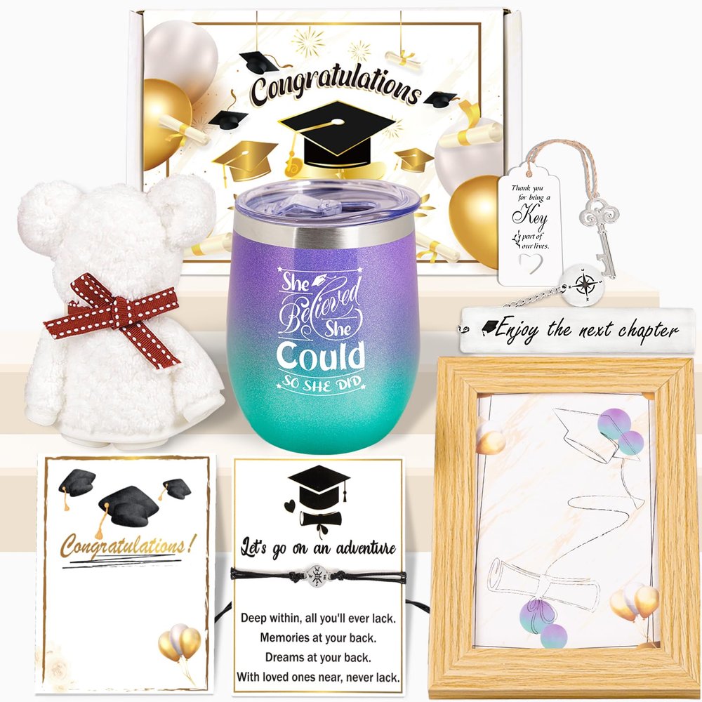 80UncleKimby Graduation Gifts for Her 2025 - Congrats Grad Gift Set Includes Compass Bracelet, Tumbler, Bookmark, Towel, Key Bottle Opener, Photo Frame, Card for Women (Purple)