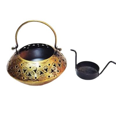 Decor Vista Home Decor Tealight Holder/Degchi Style Candle Stand/Antique Finished Dhoop Incense/Tealight Holder Degchi Handle Pot - Black Golden Chrome Polished
