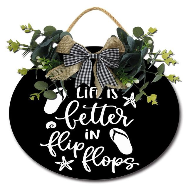 FemiaD Life is Better in Flip Flops Sign for Front Door Summer Wooden Sign 11inch Round Rustic Wood Summer Wreath Sign for Front Door Outside Summer Home Decorations