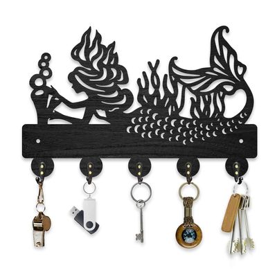 BEUNITONE Mermaid Wooden Key Hook Ocean Theme Key Hanger 11.8x7.6 Decorative Key Holder Rack Wall Mounted Wood Key Display Holder with 5 Hooks and Screws for Entryway Kitchen Hallway Office
