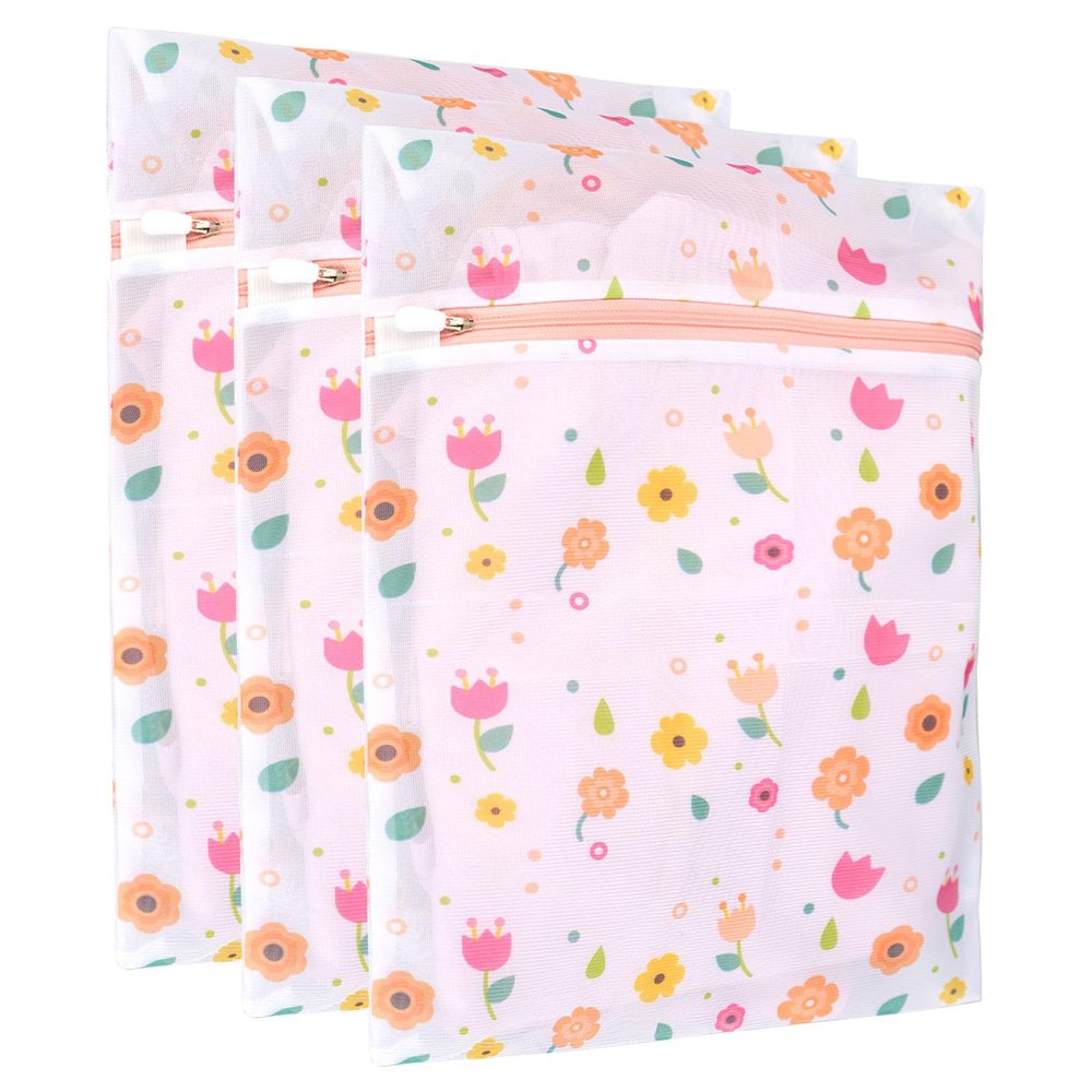 3Pcs Durable Mesh Laundry Bag, Durable Laundry Bags with Premium Zipper (Flower)