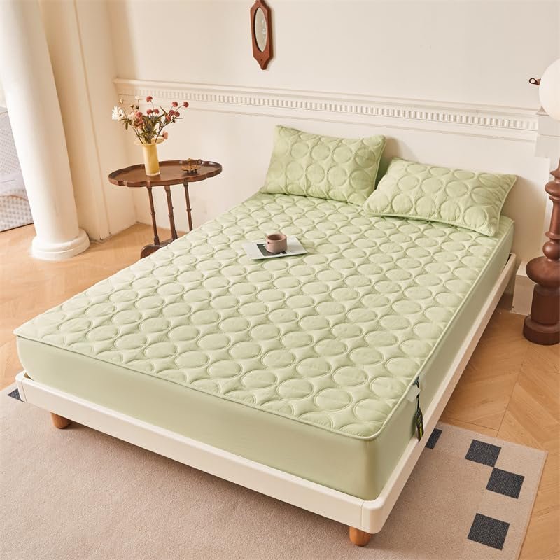 FCLDESHOP Snug Fit Mattress Protector,Thickened Cotton Quilted Box Spring Mattress Cover,Suitable for Single Double King Size Bed Bedding Sheets,Green,200 * 220cm (1pcs)